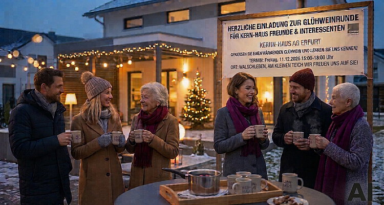 6 Menschen vor weihnachtlich dekoriertem Haus mit Tassen in den Händen