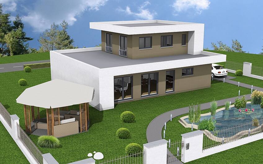 3D-Ansicht eines frei geplanten Kern-Hauses. Eigene Ideen setzt Kern-Haus für seine Bauherren, unter Berücksichtigung von Statik und Bauvorschriften, gerne um.