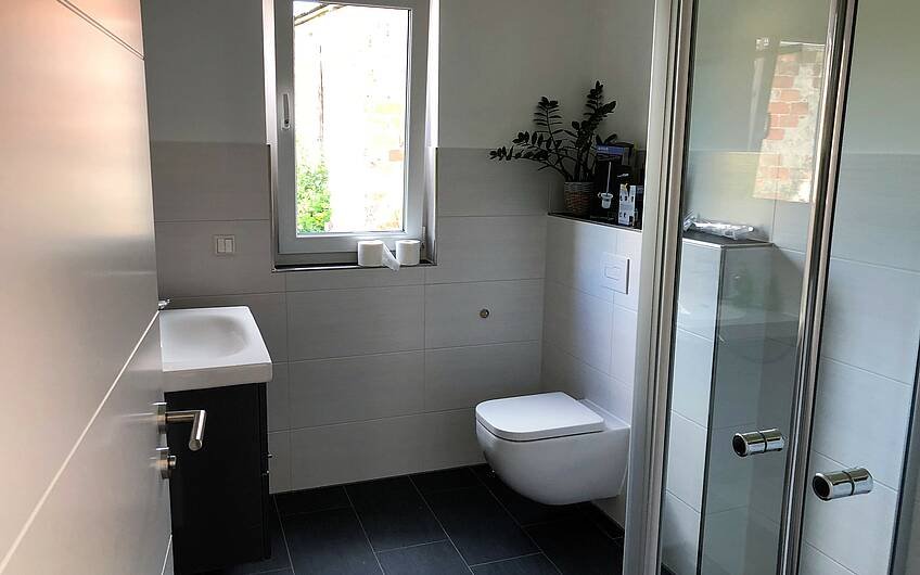 Gäste-WC mit Dusche im frei geplanten Kern-Haus in Magdeburg