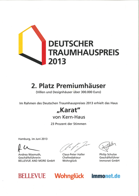 Urkunde Deutscher Traumhauspreis 2013: 2.Platz für Kern-Haus Karat