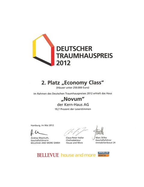 Urkunde Deutscher Traumhauspreis 2012: Zweiter Platz Economy Class für Novum