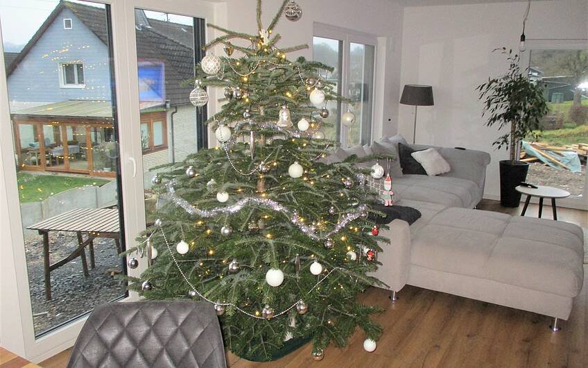 Mit einem geschmückten Tannenbaum steigt die Vorfreude auf das erste Weihnachten im neuen Eigenheim.