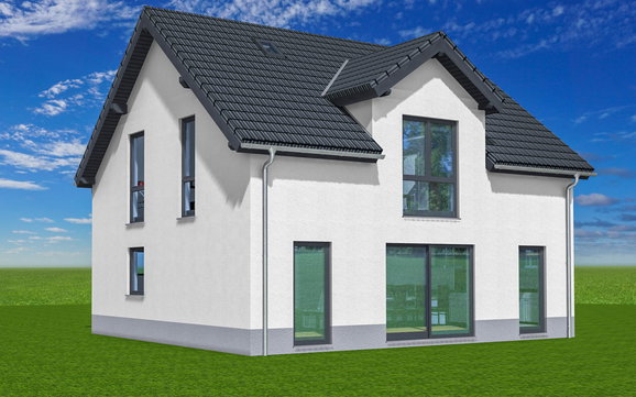 Terrassenansicht des angepassten Kern-Haus Trend mit Gaube und großen Terrassenfenstern in Eilenburg