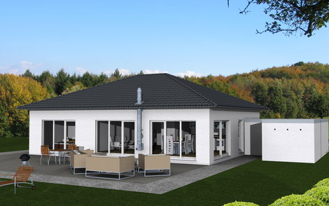 Bungalow Ansicht Gartenseite.