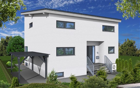 Visualisierung der Eingangsseite des frei geplanten Familienhauses von Kern-Haus in Schriesheim