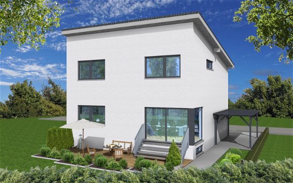 Visualisierung der Gartenseite des frei geplanten Familienhauses von Kern-Haus in Schriesheim
