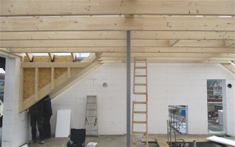 Der Dachstuhl bezeichnet die komplette Konstruktion des Dachtragwerks, also das Holztragwerk. Aus seiner Form ergibt sich die Dachform des Kern-Hauses.