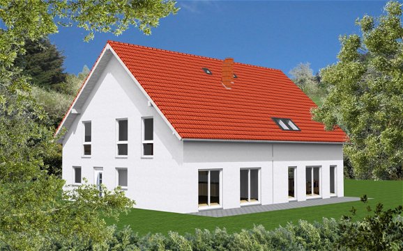 Familienhaus 3D-Planungsansicht Terrassenseite