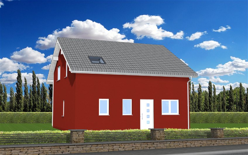 Kern-Haus Familienhaus mit rotem Putz in Planungsansicht