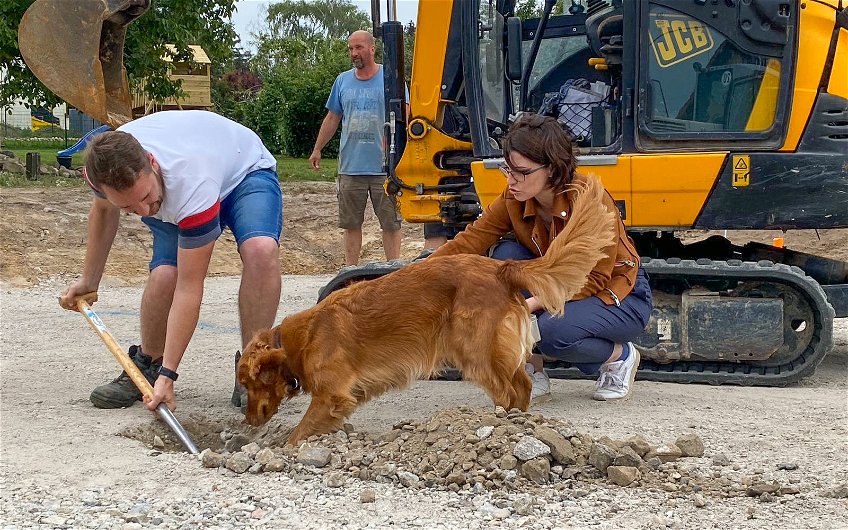 Bauherrenhund hilft Bauherr bem Graben des Loches für Grundsteinkassette für Kern-Haus Luce in Jesewitz