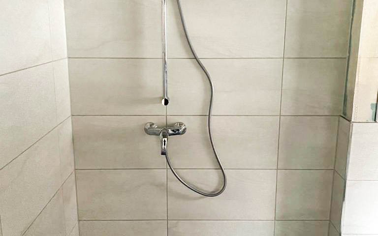 Dusche mit Duschstange im Bad der Einliegerwohnung im Kern-Haus in Eilenburg