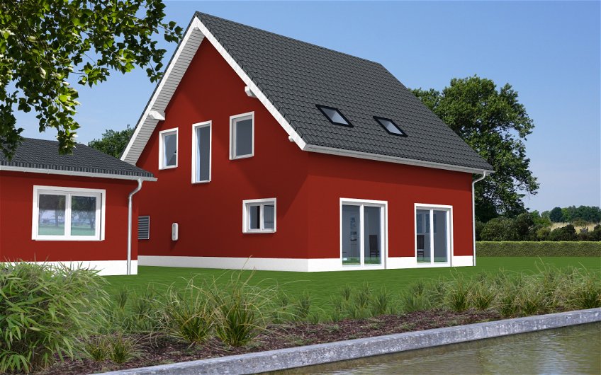 Die Fassadenfarben Rot-Weiß erinnern an Schwedenhäuser, aber die Bauweise ist massiv und beständig
