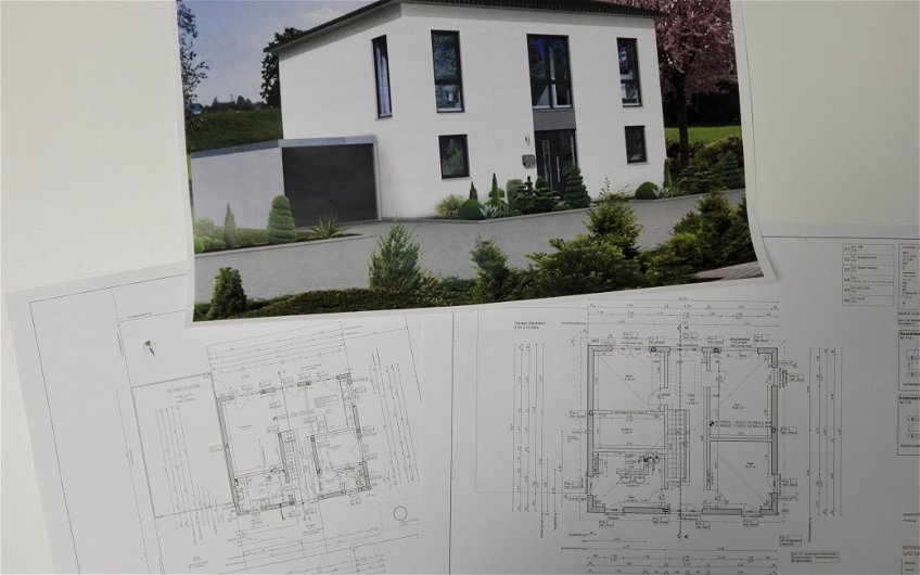 Visualisierung und Werkpläne der individuell geplanten Kern-Haus-Stadtvilla Signus in Römerberg