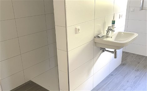 Durch eine zusätzliche, abgestellte Wand entsteht eine T-Lösung, hinter der die Toilette und die Dusche versteckt sind.