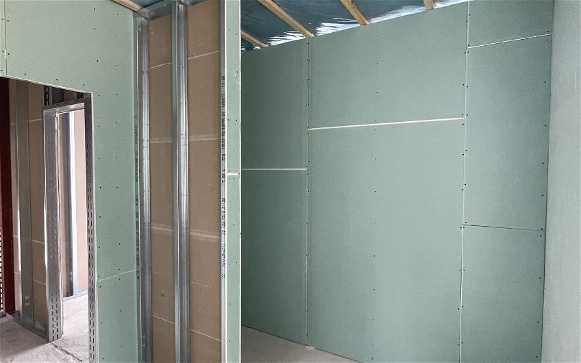 Die Beplankung erhöht die Belastbarkeit der Wände und den Schallschutz im Trockenausbau.