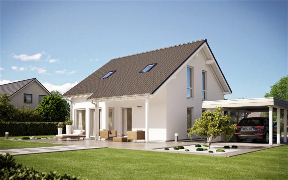 Der für das Haus Family typisch langgezogene Dachüberstand spendet Schatten an heißen Sommertagen auf der Terrasse.